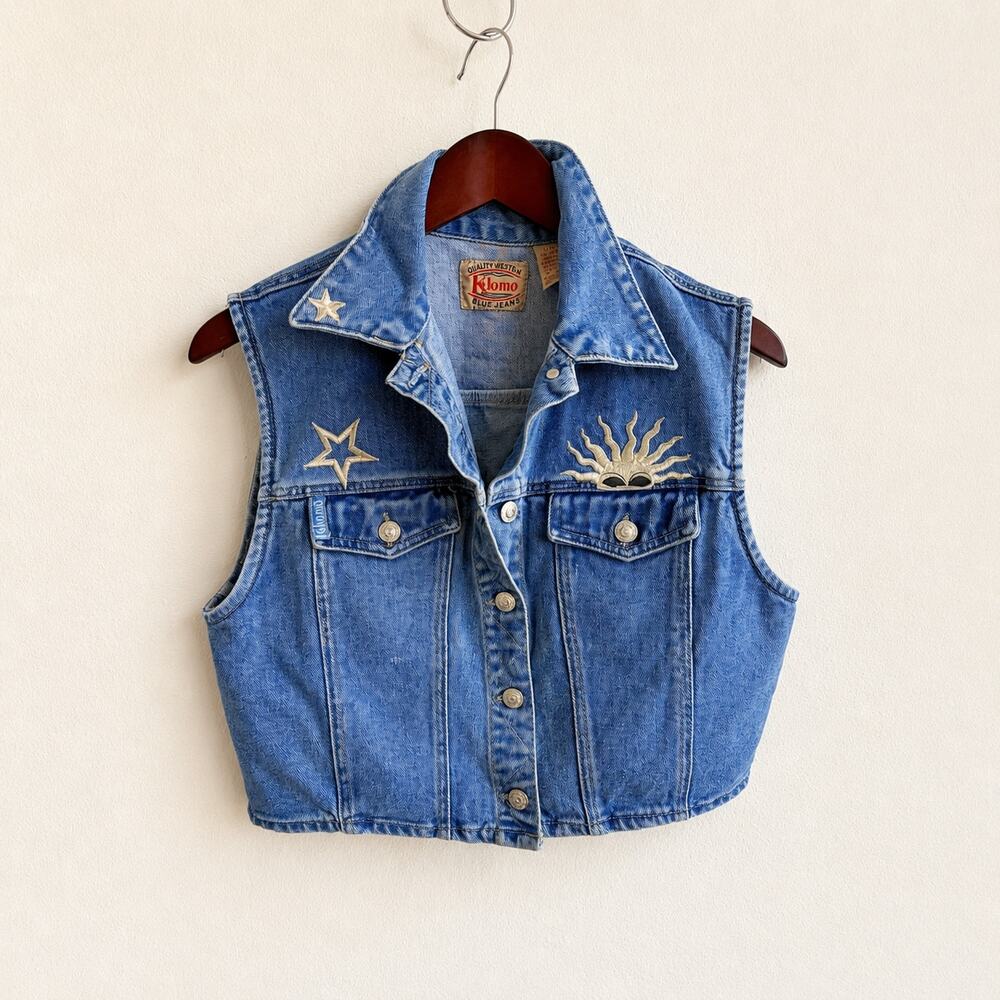 Vintage Kikomo Y2K Denim Vest Embroidered Celestial Sun Star Cropped Jacket L
